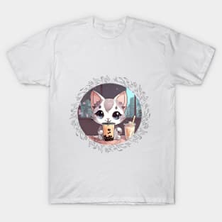 Cute grey and white cartoon cat drinking Boba T-Shirt